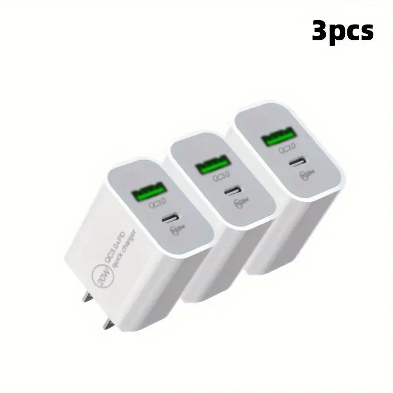 3pcs 20W+18W Fast Charging Dual Port USB C Power Adapter with 3.3ft Cable