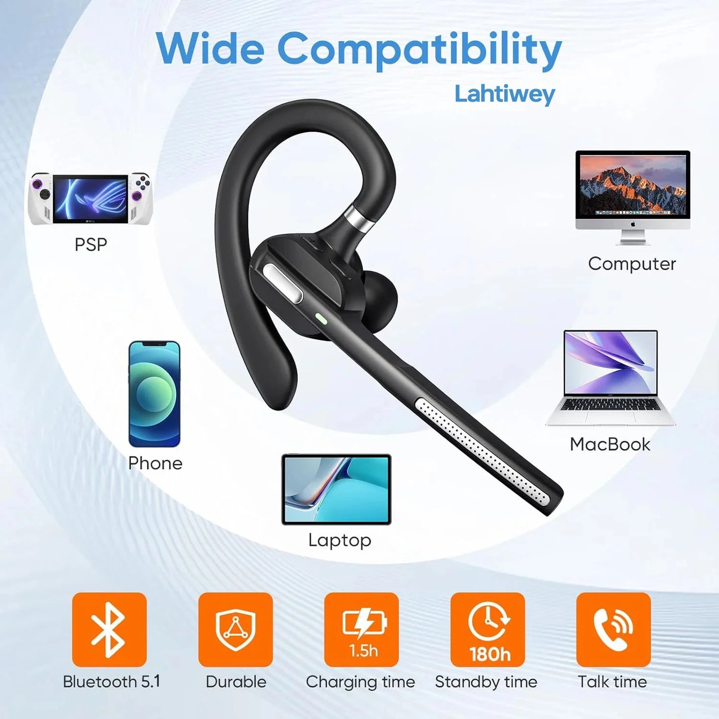 Bluetooth Headset with Noise-Cancelling Mic LED Charging Case