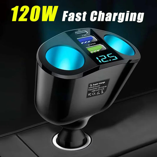 3-port Pd Type C Car Charger, Fast Charging, Cigarette Lighter With Digital Display