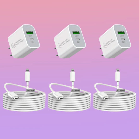 3pcs 20W+18W Fast Charging Dual Port USB C Power Adapter with 3.3ft Cable