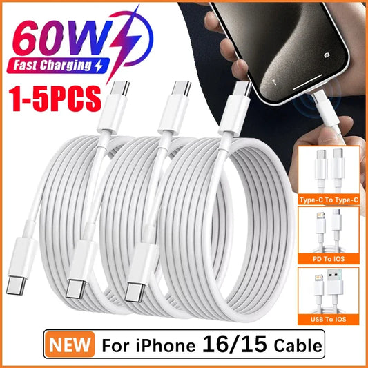 5Pcs PD 60W Original Fast Charging USB C Cable for iPhone 16 15 14 8 7 Plus 13 12 11 Pro XS Max XR X Type C USB A Charger Cable