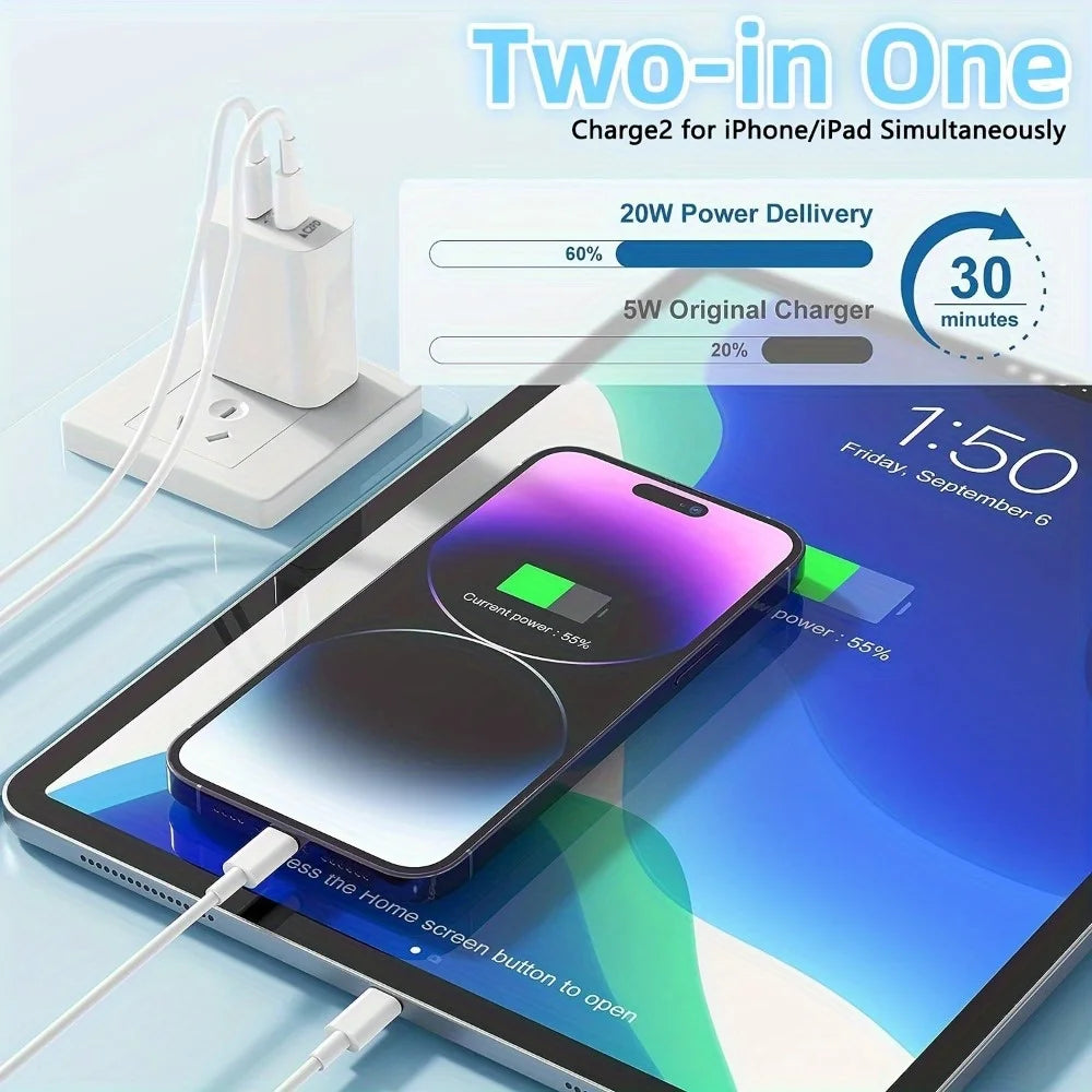 3pcs 20W+18W Fast Charging Dual Port USB C Power Adapter with 3.3ft Cable