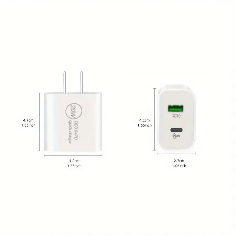 3pcs 20W+18W Fast Charging Dual Port USB C Power Adapter with 3.3ft Cable
