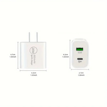 3pcs 20W+18W Fast Charging Dual Port USB C Power Adapter with 3.3ft Cable