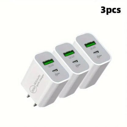 3pcs 20W+18W Fast Charging Dual Port USB C Power Adapter with 3.3ft Cable