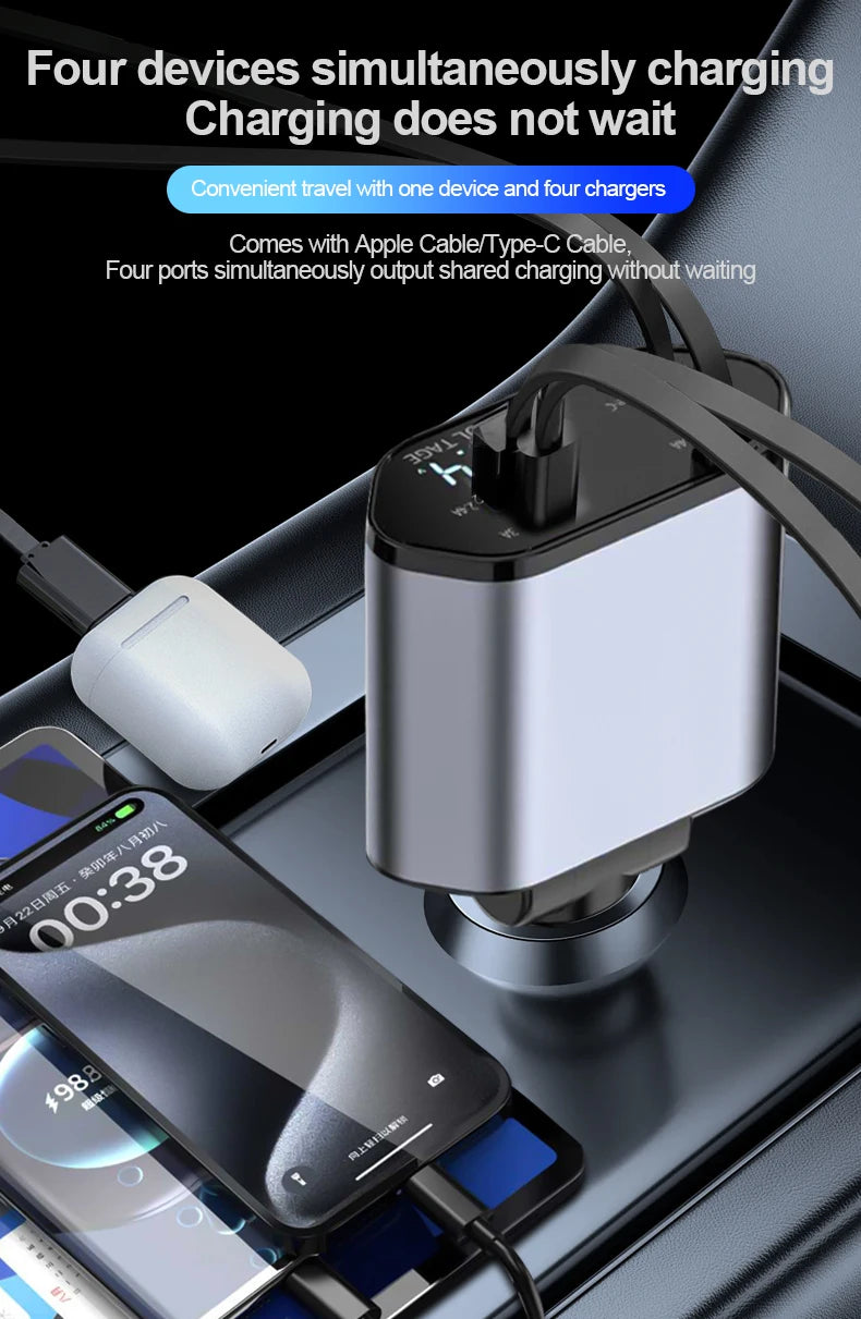 Retractable Car Charger, 4 in 1 Fast Charging Car Charger 100W