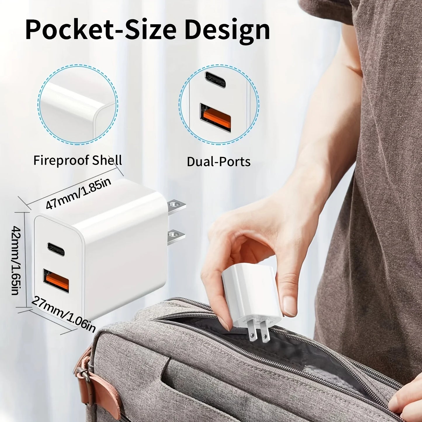3pcs 20W+18W Fast Charging Dual Port USB C Power Adapter with 3.3ft Cable