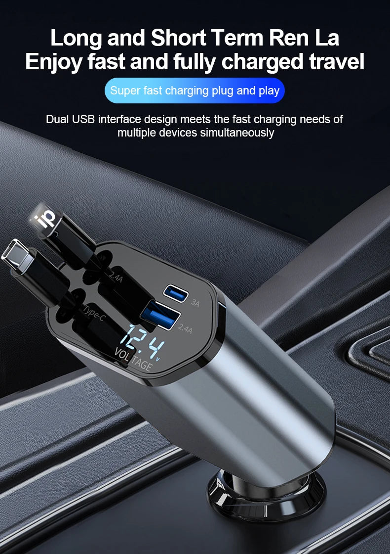 Retractable Car Charger, 4 in 1 Fast Charging Car Charger 100W