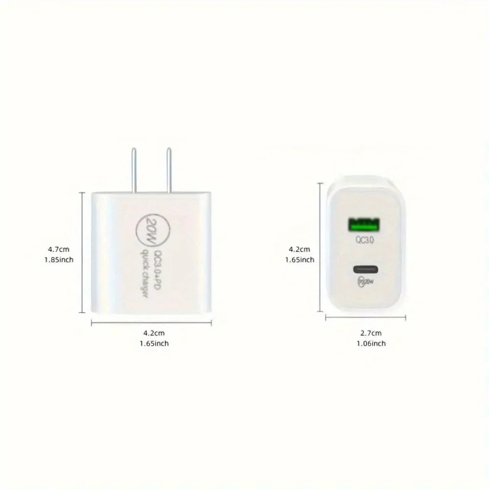 3pcs 20W+18W Fast Charging Dual Port USB C Power Adapter with 3.3ft Cable