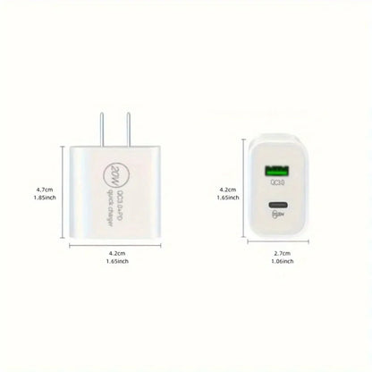 3pcs 20W+18W Fast Charging Dual Port USB C Power Adapter with 3.3ft Cable