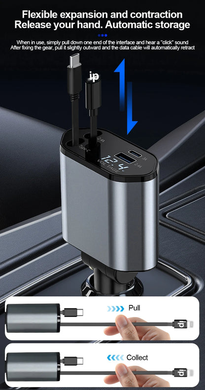 Retractable Car Charger, 4 in 1 Fast Charging Car Charger 100W