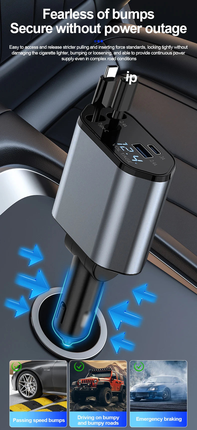 Retractable Car Charger, 4 in 1 Fast Charging Car Charger 100W