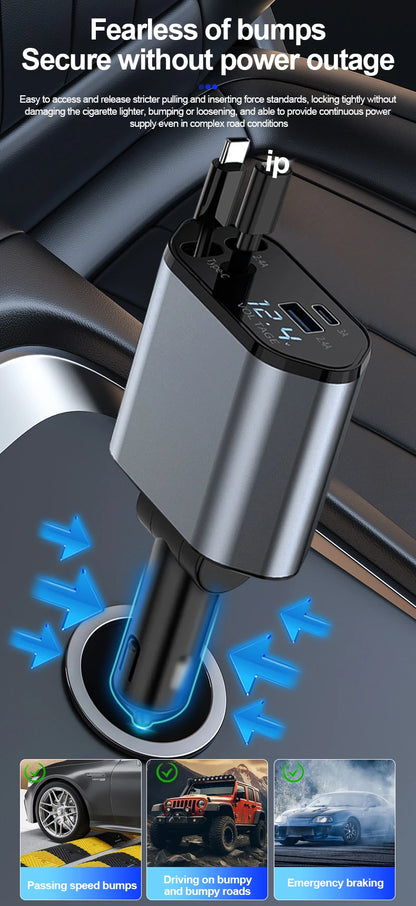 Retractable Car Charger, 4 in 1 Fast Charging Car Charger 100W