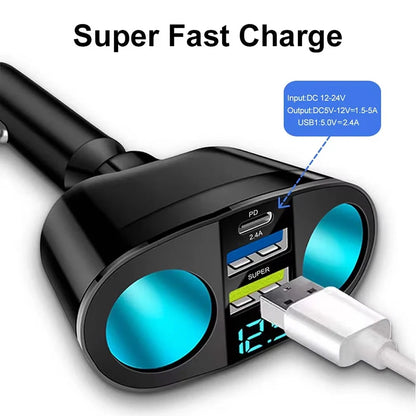 3-port Pd Type C Car Charger, Fast Charging, Cigarette Lighter With Digital Display