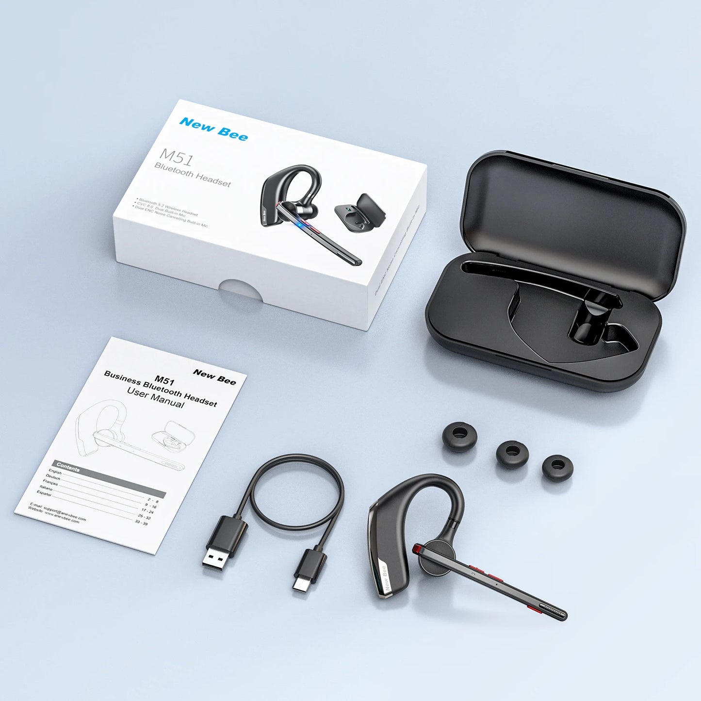 New Bee M51 Bluetooth 5.2 Wireless Headset Earphones Headphone with Dual-Mic CVC8.0 Noise Cancelling Handsfree Business Earbuds