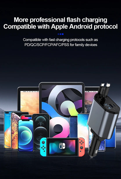 Retractable Car Charger, 4 in 1 Fast Charging Car Charger 100W