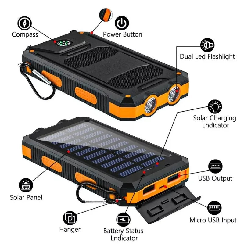 Power Bank 20000mah Solar Panel Dual USB - SOS Light Flash Compass