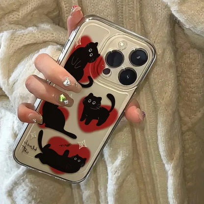 Ins Lovely Love Heart Black Cat Case for Samsung