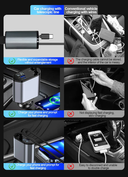 Retractable Car Charger, 4 in 1 Fast Charging Car Charger 100W
