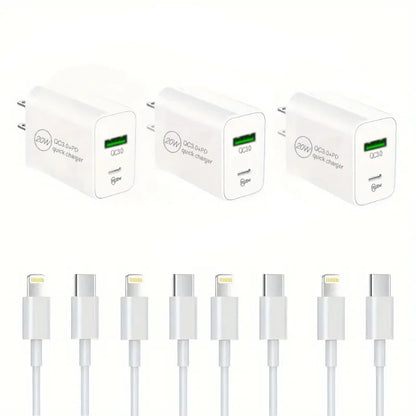 3pcs 20W+18W Fast Charging Dual Port USB C Power Adapter with 3.3ft Cable