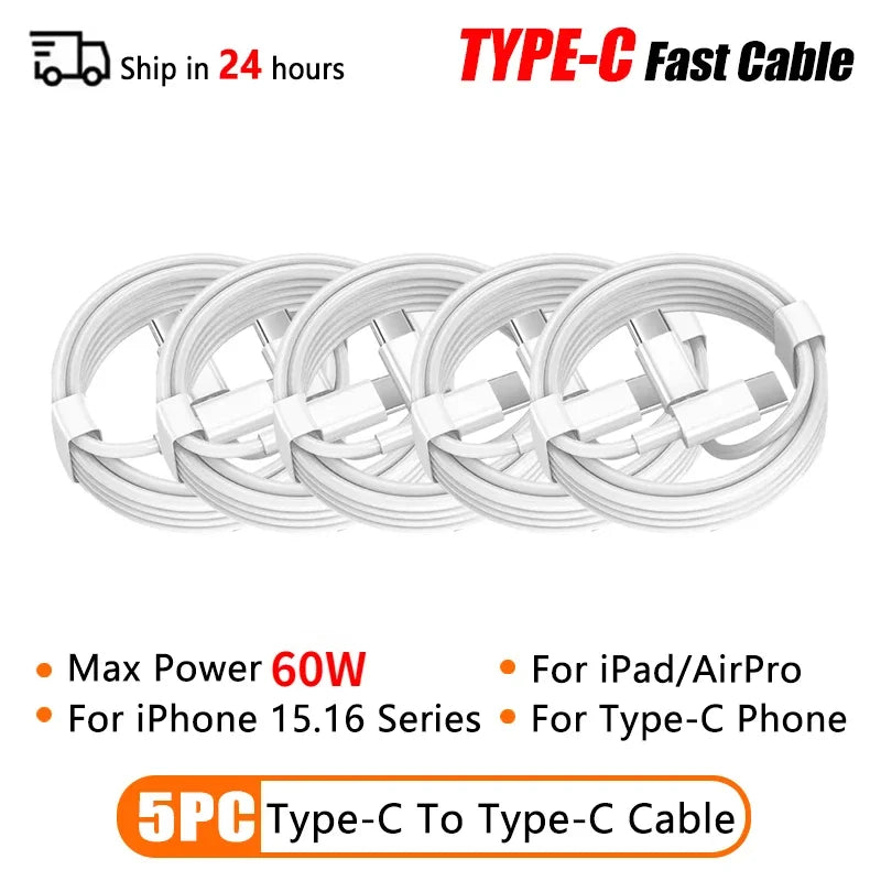 5Pcs PD 60W Original Fast Charging USB C Cable for iPhone 16 15 14 8 7 Plus 13 12 11 Pro XS Max XR X Type C USB A Charger Cable