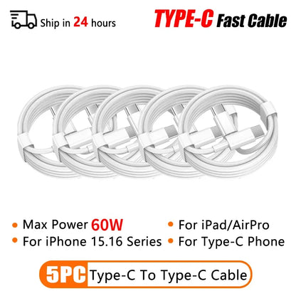 5Pcs PD 60W Original Fast Charging USB C Cable for iPhone 16 15 14 8 7 Plus 13 12 11 Pro XS Max XR X Type C USB A Charger Cable