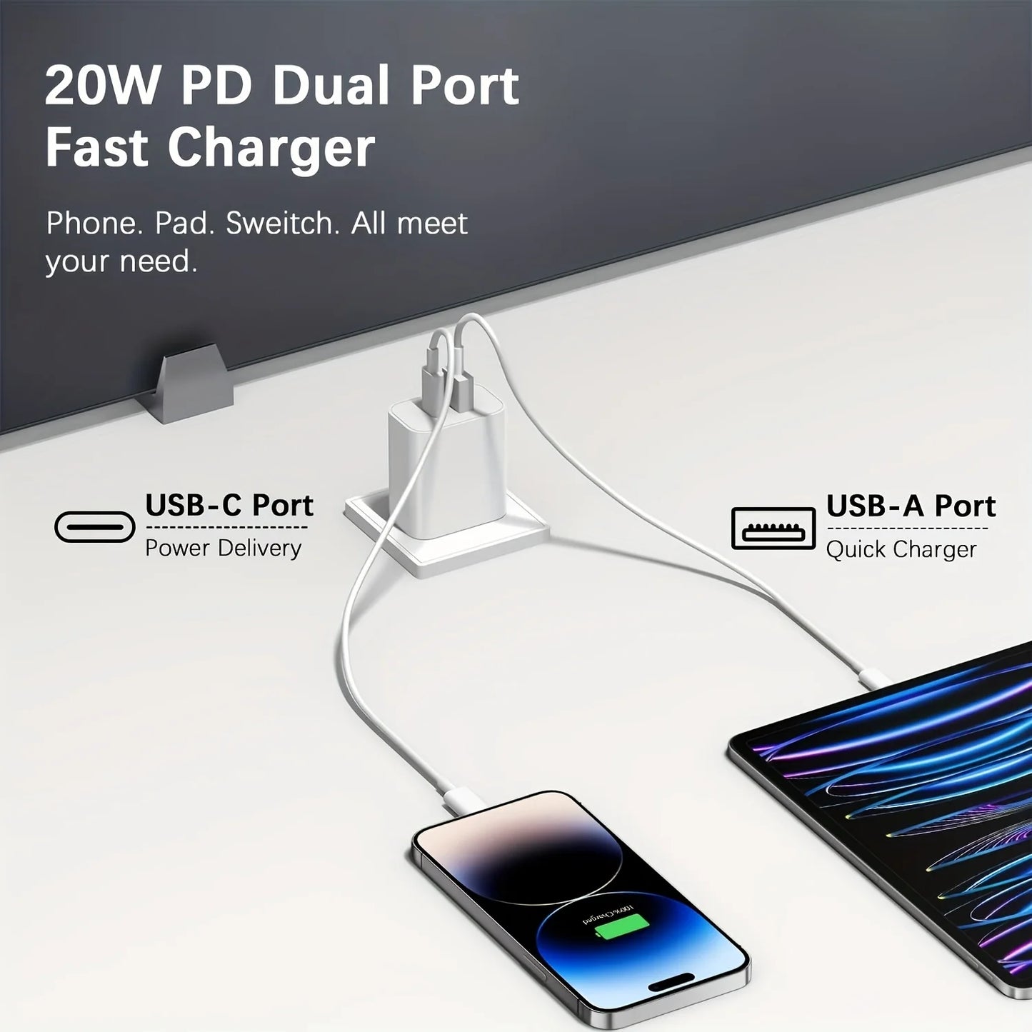 3pcs 20W+18W Fast Charging Dual Port USB C Power Adapter with 3.3ft Cable
