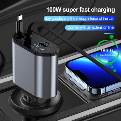Retractable Car Charger, 4 in 1 Fast Charging Car Charger 100W