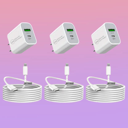 3pcs 20W+18W Fast Charging Dual Port USB C Power Adapter with 3.3ft Cable