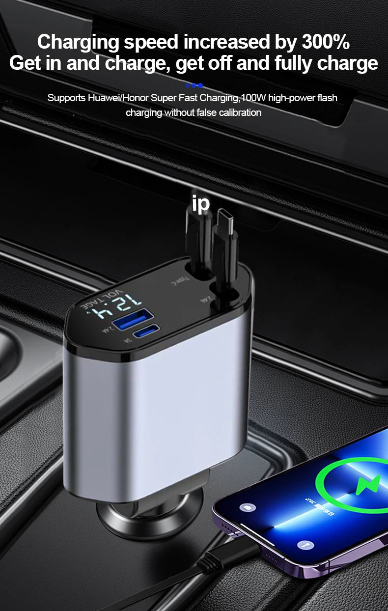 Retractable Car Charger, 4 in 1 Fast Charging Car Charger 100W