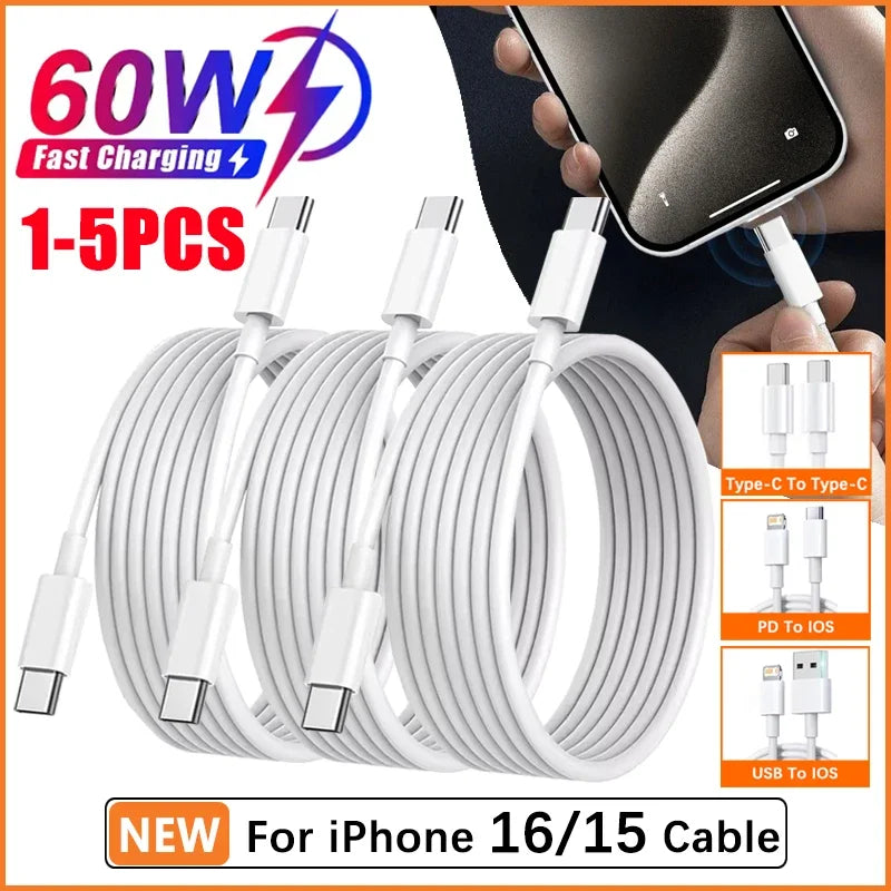 5Pcs PD 60W Original Fast Charging USB C Cable for iPhone 16 15 14 8 7 Plus 13 12 11 Pro XS Max XR X Type C USB A Charger Cable